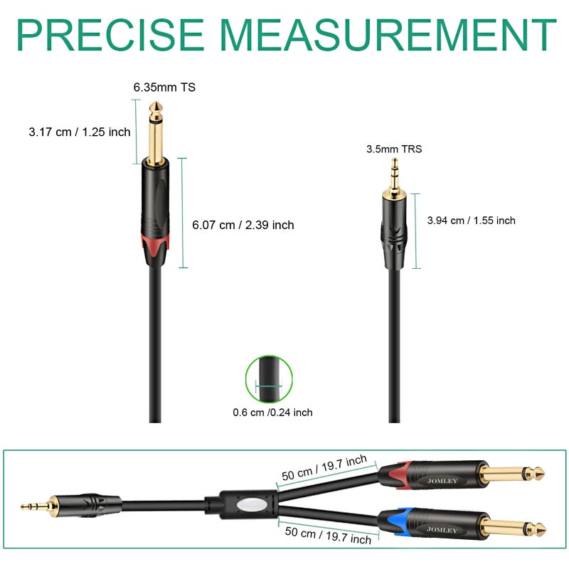 JOMLEY 1/8 to 1/4 Stereo Cable, Dual 1/4 Inch TS Mono to 1/8 Inch TRS Audio Jack Cable, 3.5mm Aux Mini Jack to Dual TS Mono Stereo Y-Cable Splitter Breakout Cord - 10ft - Image 5